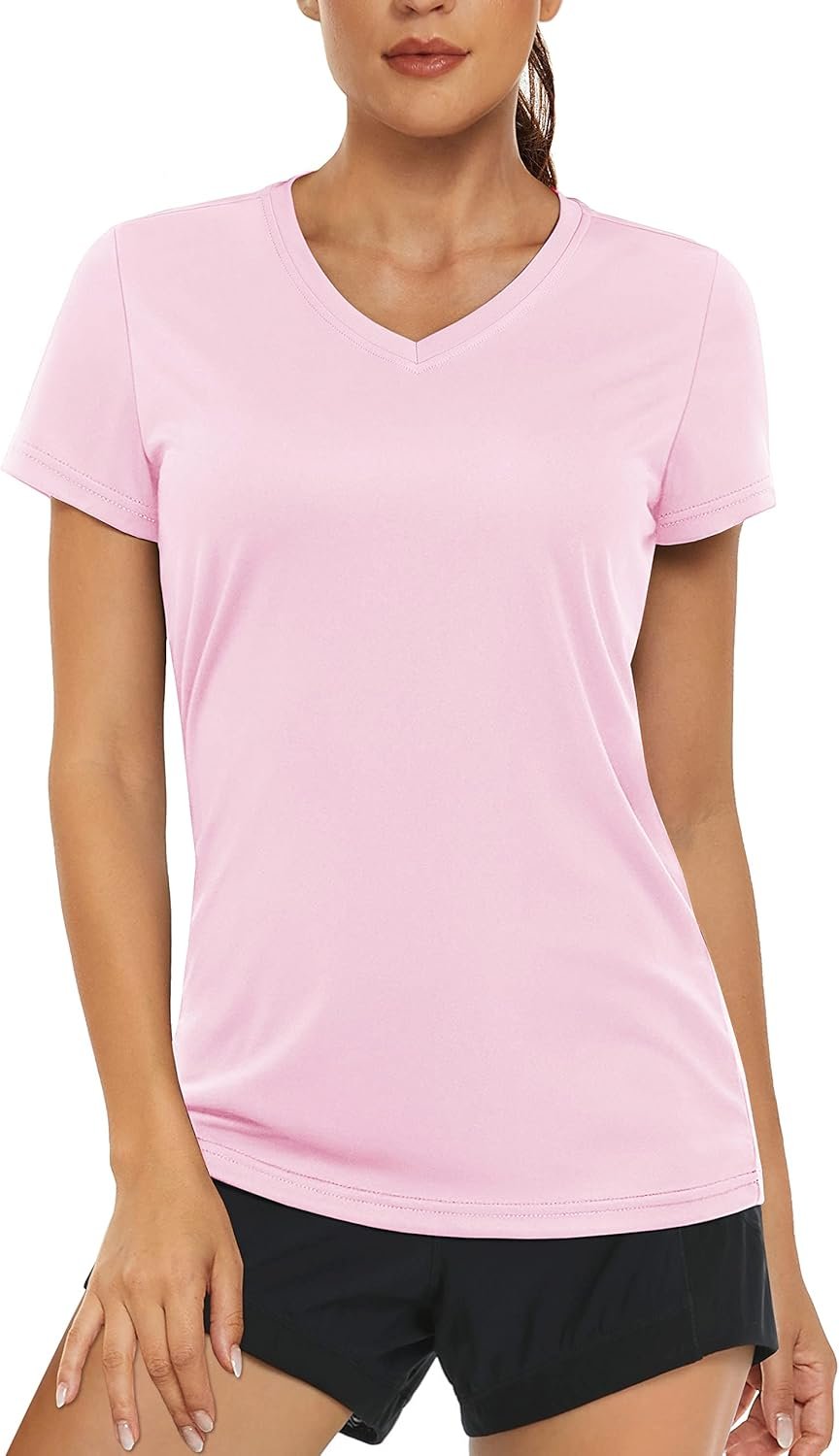 Women's Pink V-Neck Sun-Protection Short-Sleeve Sports Top