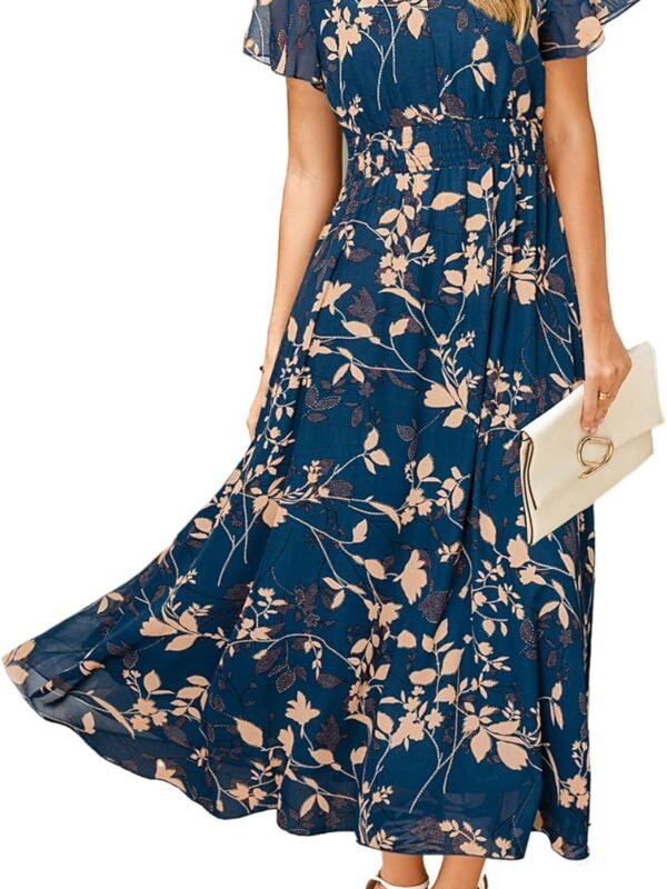 Women’s Floral Short Sleeve Chiffon Maxi Dress Empire Waist Design