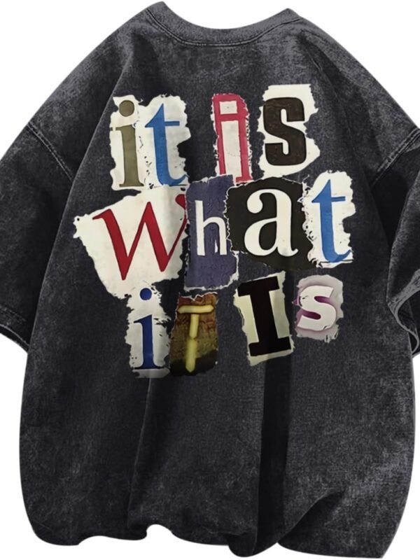 Men's graphic funny letter print oversized vintage acid wash casual T-shirt