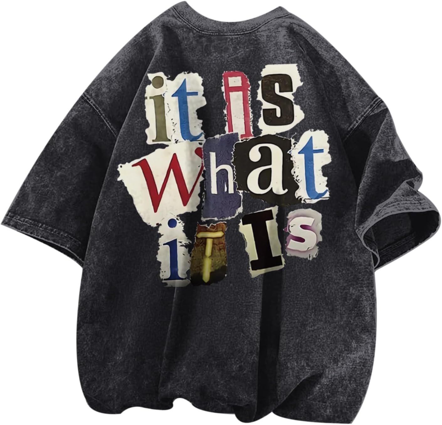 Men's graphic funny letter print oversized vintage acid wash casual T-shirt