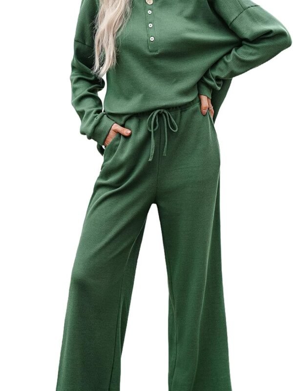 Women's 2-piece knit long sleeve button top wide leg lounge pants set