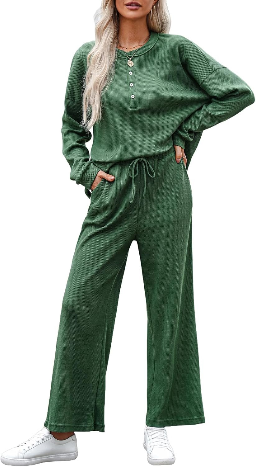 Women's 2-piece knit long sleeve button top wide leg lounge pants set
