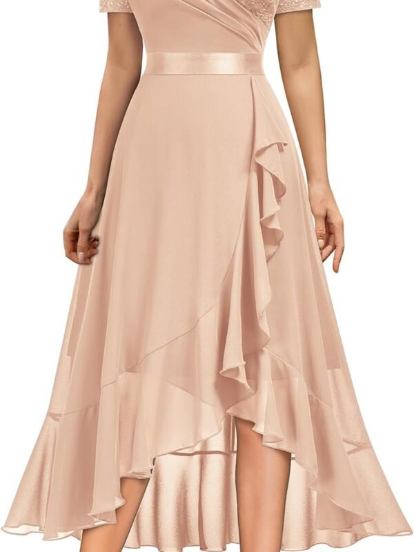Women’s Elegant V-Neck Sequin Lace Chiffon Evening Dress with Split Hem