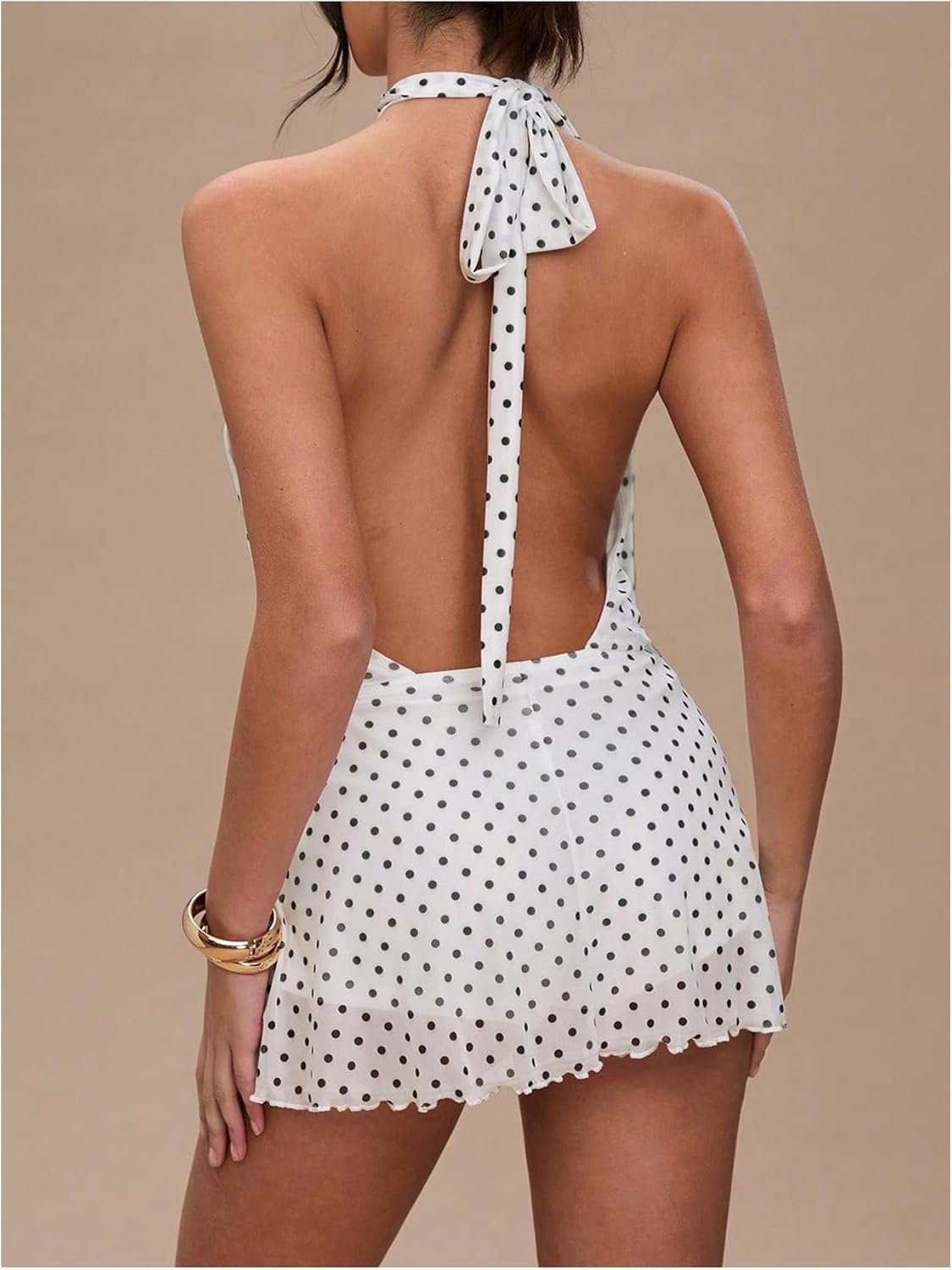 Women’s Polka Dot Halter Neck Backless A-Line Mini Dress - Image 2