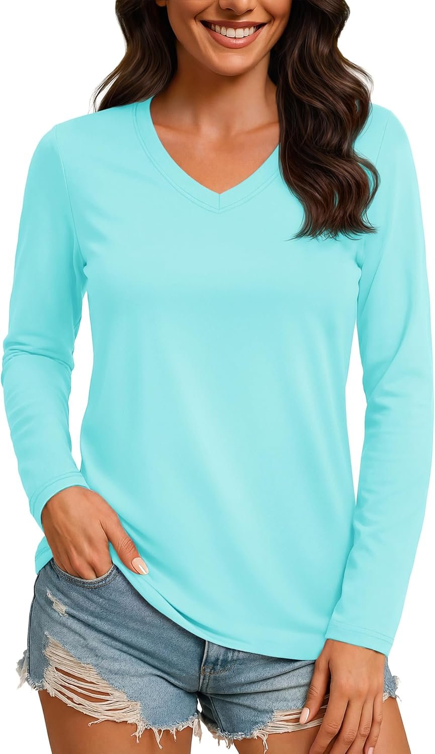 Women's lightweight V-neck athletic top quick-dry UV protection hiking running shirt
