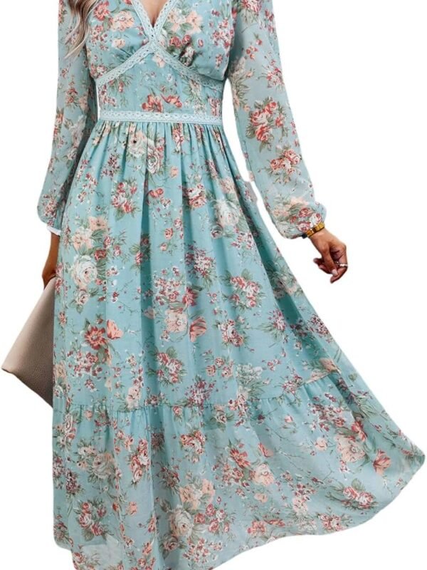Women’s Floral Wrap Maxi Dress V-Neck Long Sleeve Casual Chiffon Dress