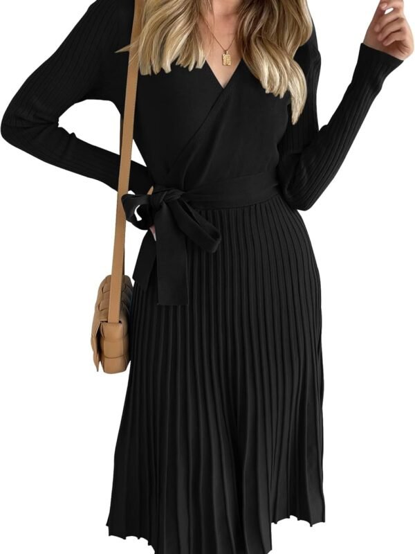 Women’s Long Sleeve Wrap V-Neck Ribbed Knit Pleated Sweater Dress with Belt