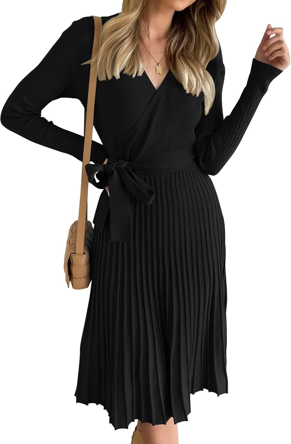 Women??s Long Sleeve Wrap V-Neck Ribbed Knit Pleated Sweater Dress with Belt