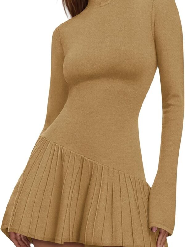 Women’s Crochet Ribbed Knit Mock Neck Sweater Mini Dress with Ruffle Hem
