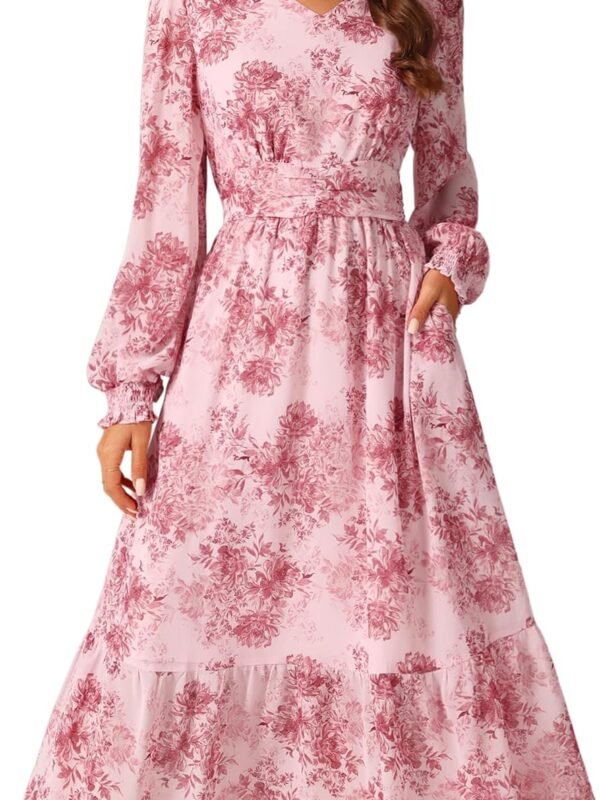Women’s Floral V-Neck Ruffle Tiered Midi Dress Long Sleeve Chiffon Dress with Pockets
