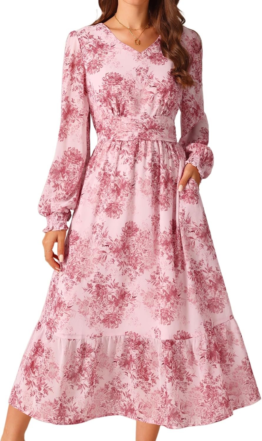 Women??s Floral V-Neck Ruffle Tiered Midi Dress Long Sleeve Chiffon Dress with Pockets