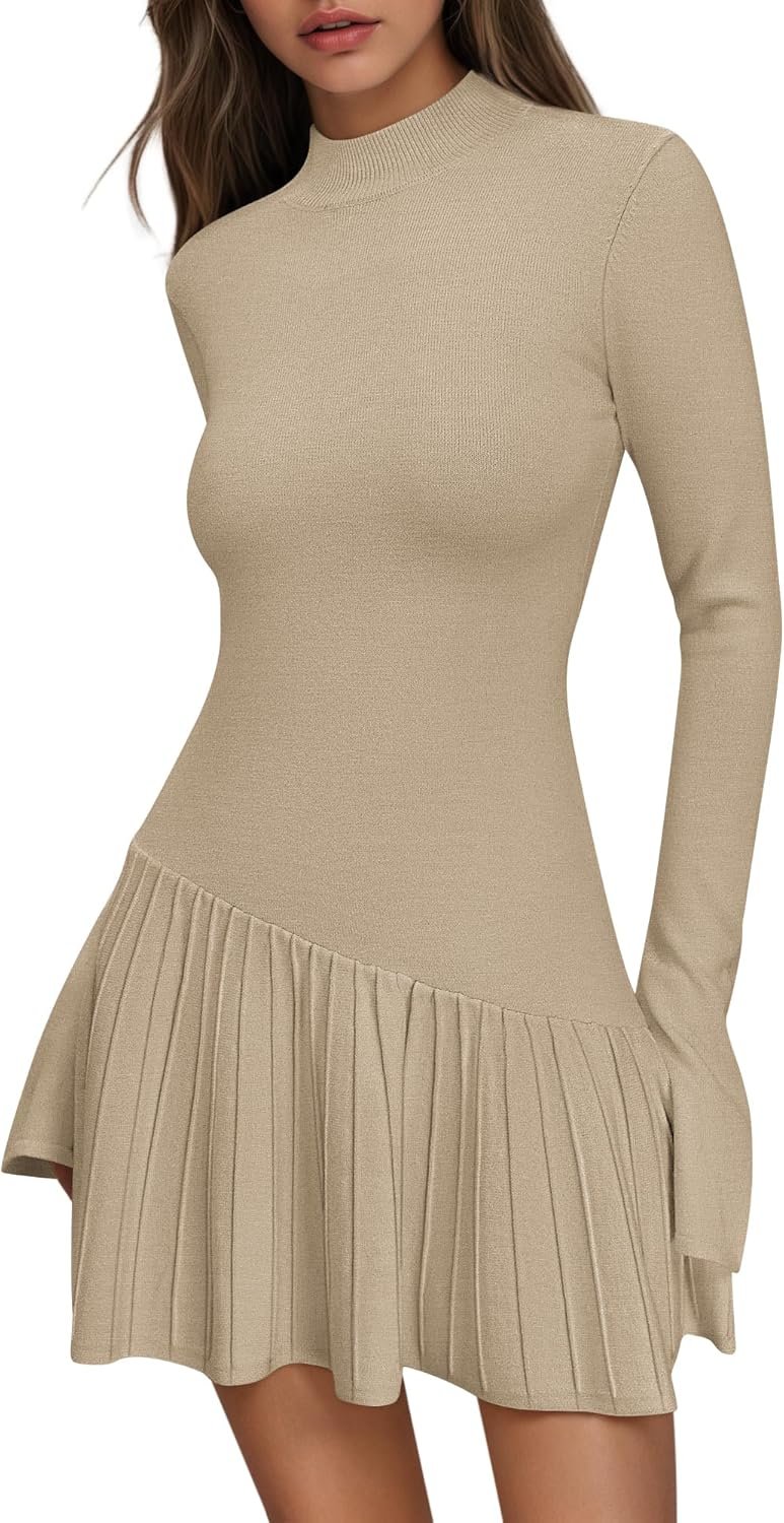 Women’s Crochet Ribbed Knit Sweater Dress Ruffle Hem Mock Neck Mini Dress - Image 2