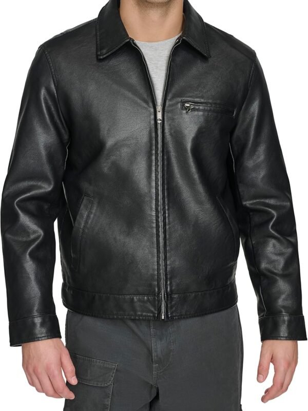 Men’s Faux Leather Racer Jacket with Laydown Collar