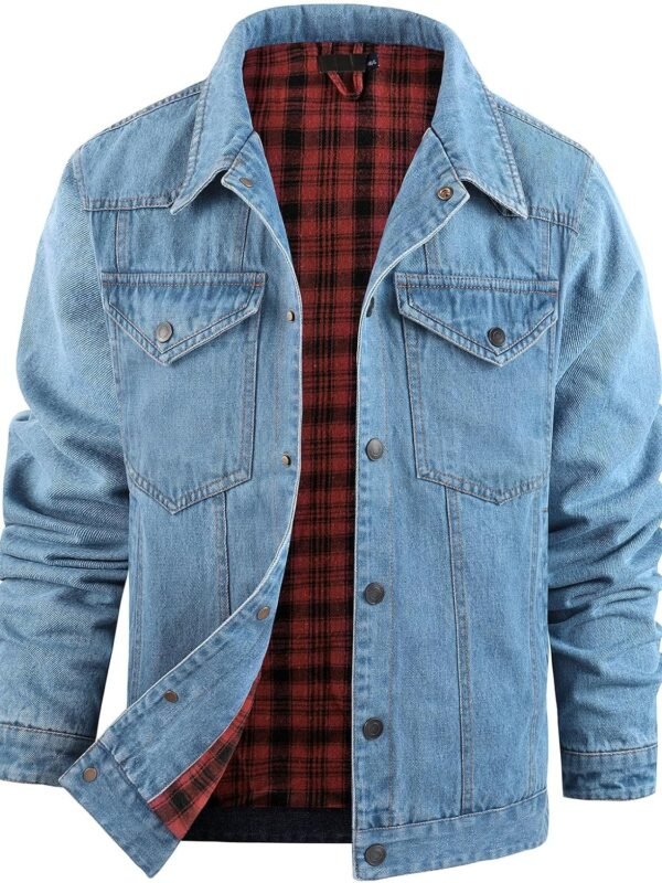 Men’s Flannel Lined Snap Closure Denim Jacket Vintage Casual Style