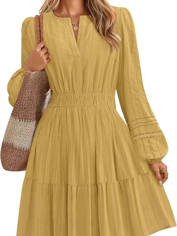 Women’s Long Sleeve V-Neck Mini Dress High Waist Pleated A-Line Party Dress
