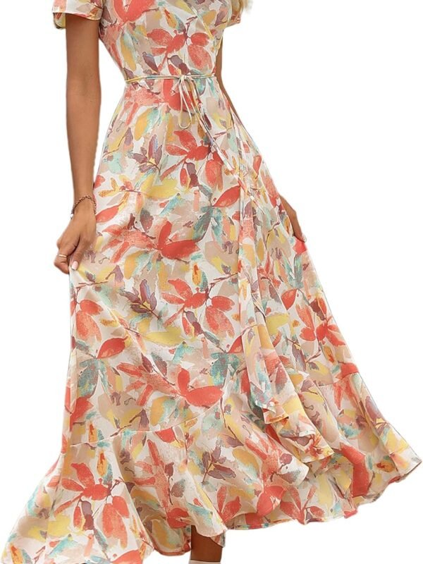 Women’s Floral Wrap Maxi Dress Short Sleeve V-Neck Split Hem Boho Beach Dress