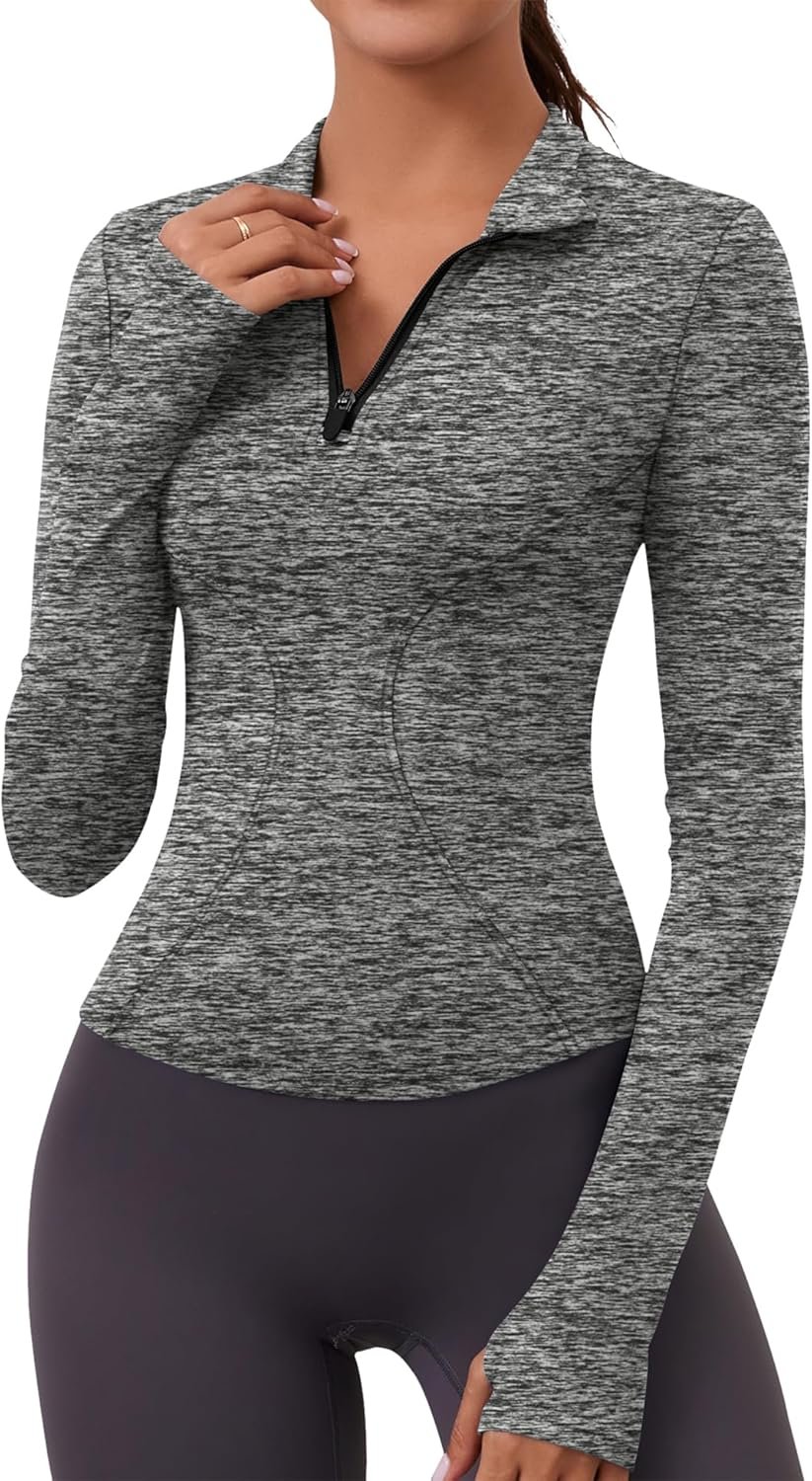 Women's long sleeve quick-dry quarter-zip crop athletic yoga slim fit workout shirt