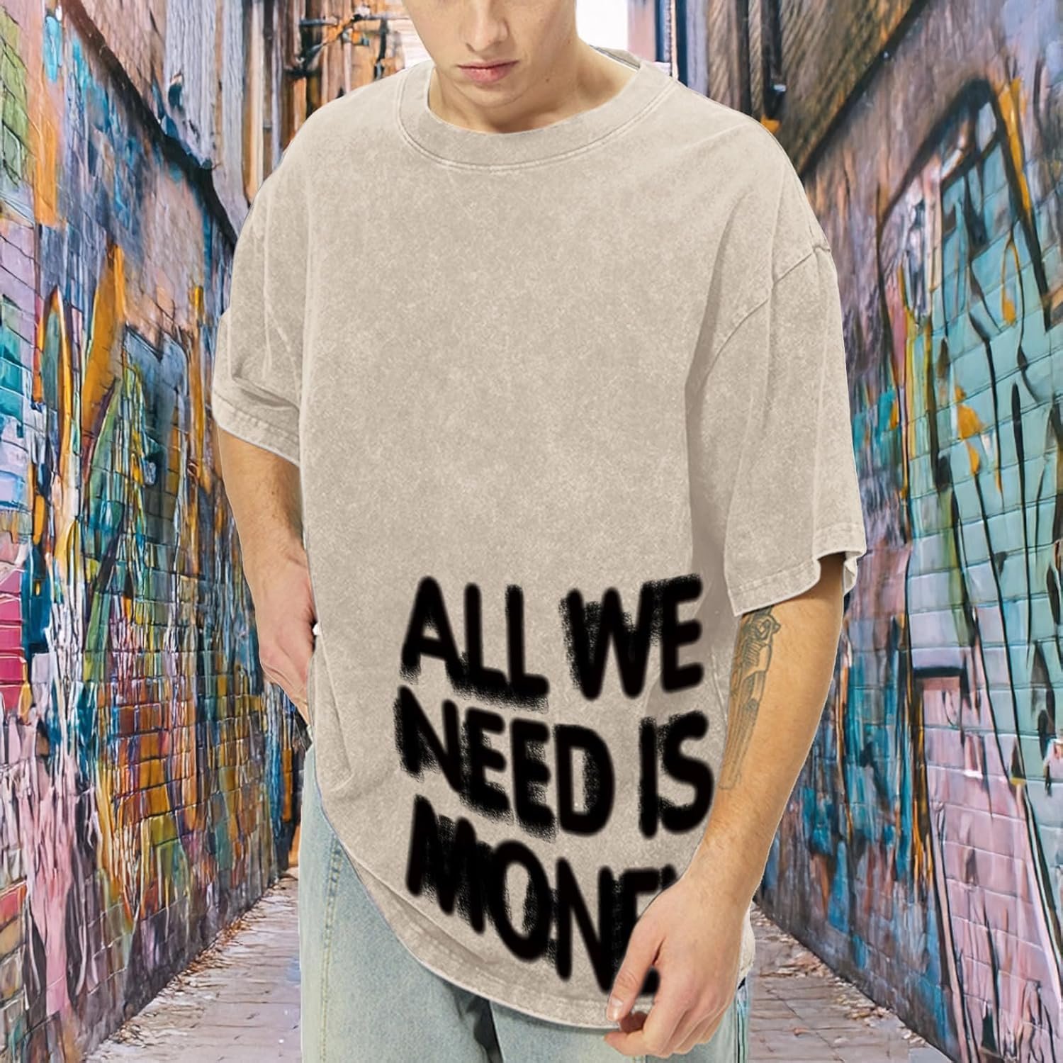 Men's oversized graphic streetwear baggy vintage washed cotton T-shirt - Image 2