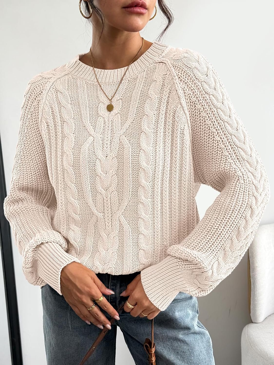 Women’s Oversized Cable Knit Crew Neck Fall Sweater - Image 2