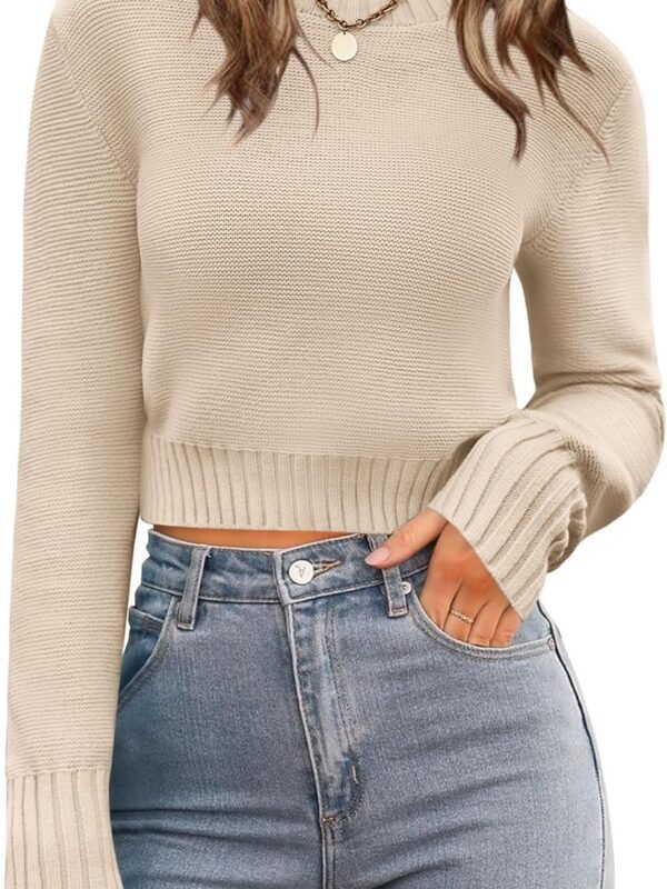 Women’s Cropped Ribbed Knit Sweater Long Sleeve Casual Pullover