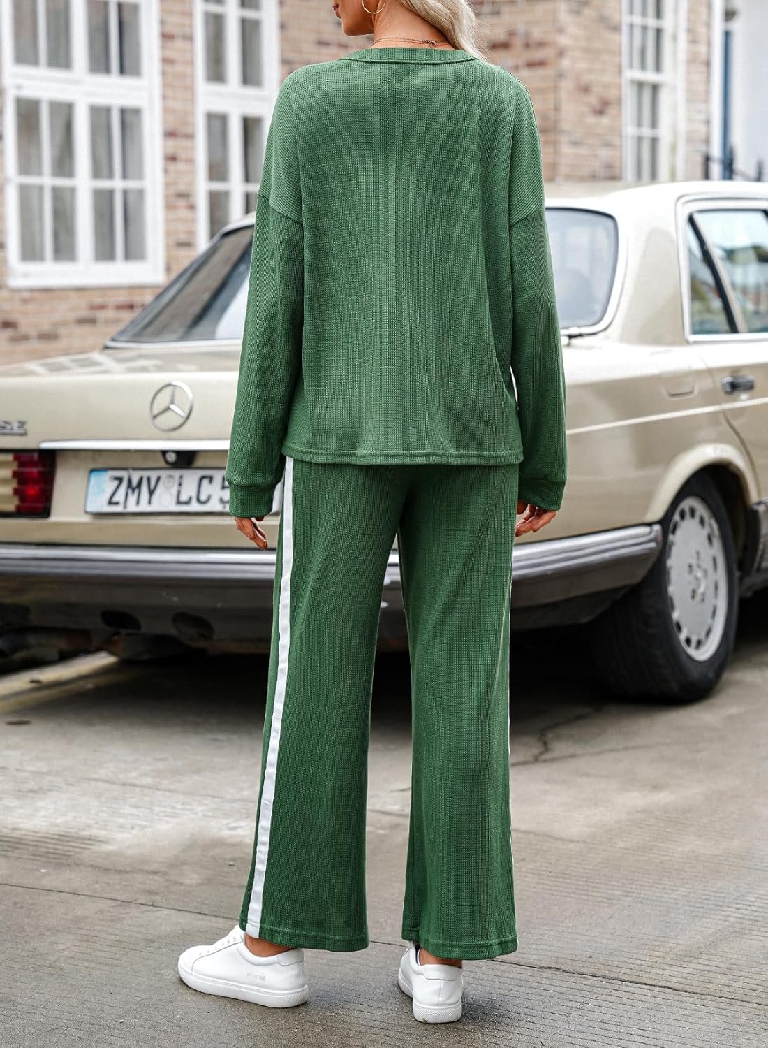 Women's 2-piece knit long sleeve button top wide leg lounge pants set - Image 2