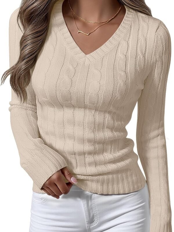 Women’s Long Sleeve Cable Knit V Neck Sweater Casual Pullover Top