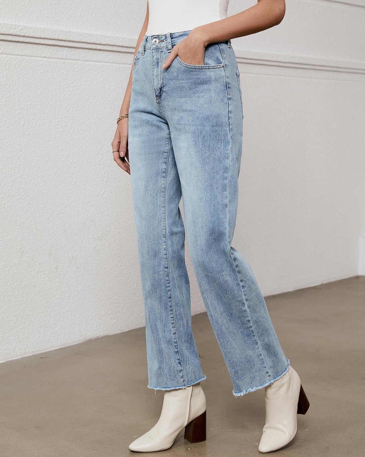 Women’s High Waisted Straight Leg Frayed Hem Loose Denim Jeans - Image 2