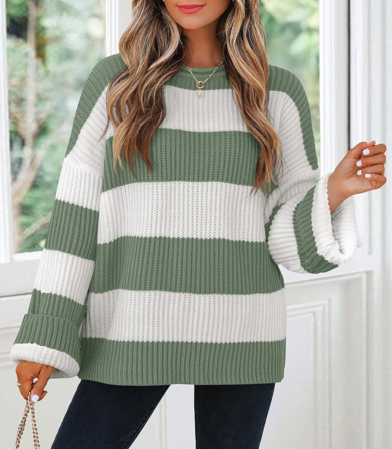 Women’s Oversized Striped Color Block Knit Crew Neck Sweater - Image 2