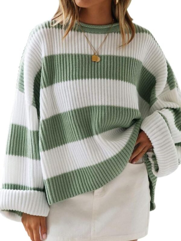 Women’s Oversized Striped Color Block Knit Crew Neck Sweater