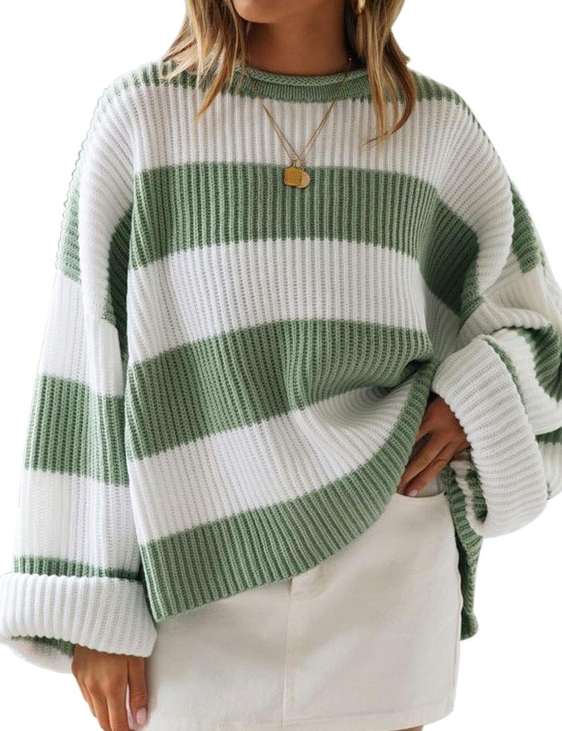 Women’s Oversized Striped Color Block Knit Crew Neck Sweater