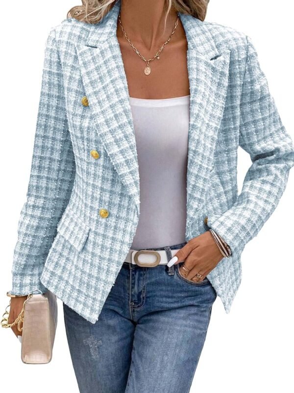 Women’s Plaid Double Breasted Tweed Work Jacket with Pockets