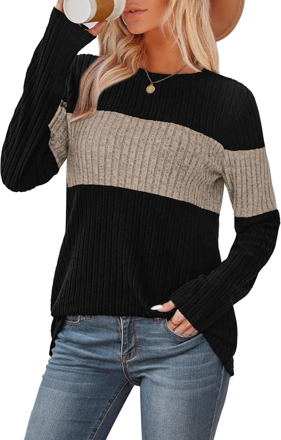 Women’s Trendy Color Block Long Sleeve Knit Sweater Top - Image 2