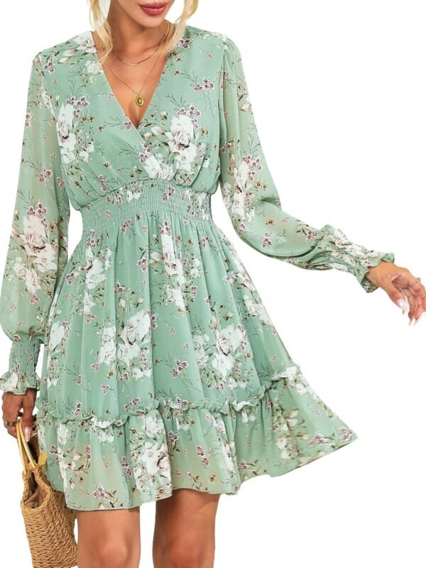 Women’s Floral Chiffon Long Sleeve A-Line Mini Dress with Tie Back