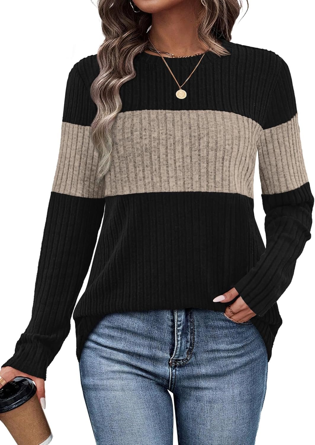 Women’s Trendy Color Block Long Sleeve Knit Sweater Top