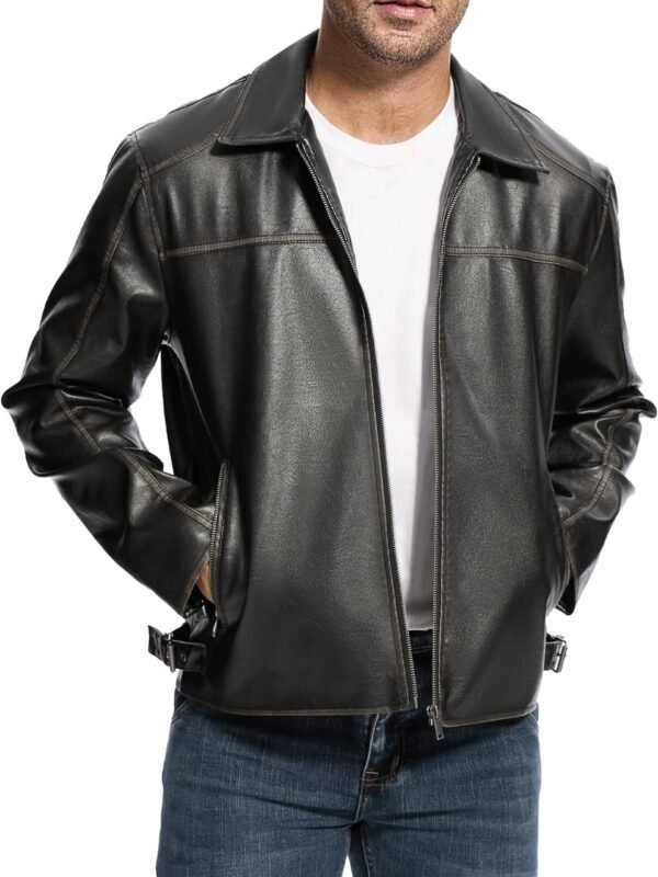 Men’s Faux Leather Lightweight Bomber Motorcycle Jacket with Pockets