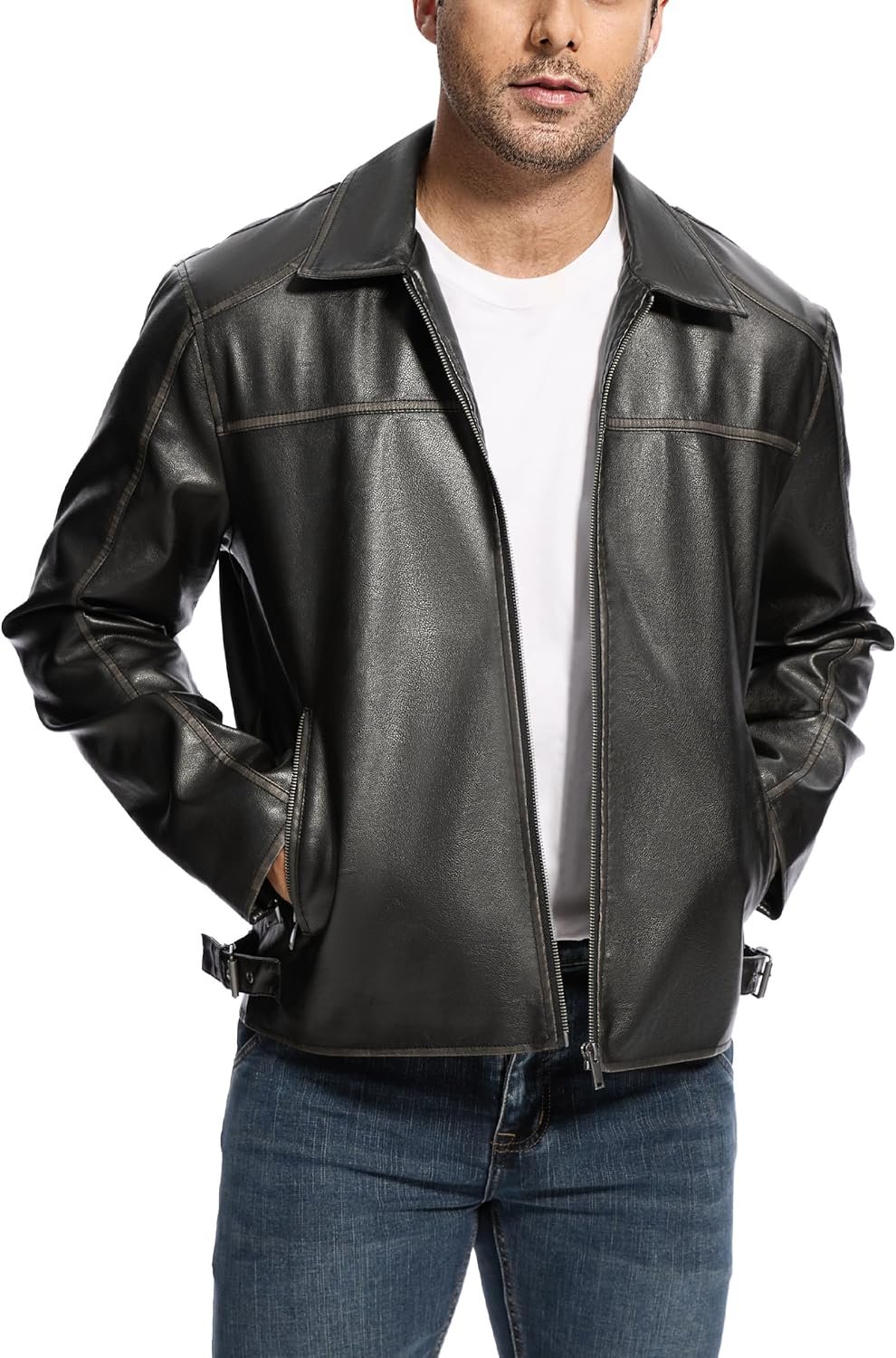 Men’s Faux Leather Lightweight Bomber Motorcycle Jacket with Pockets